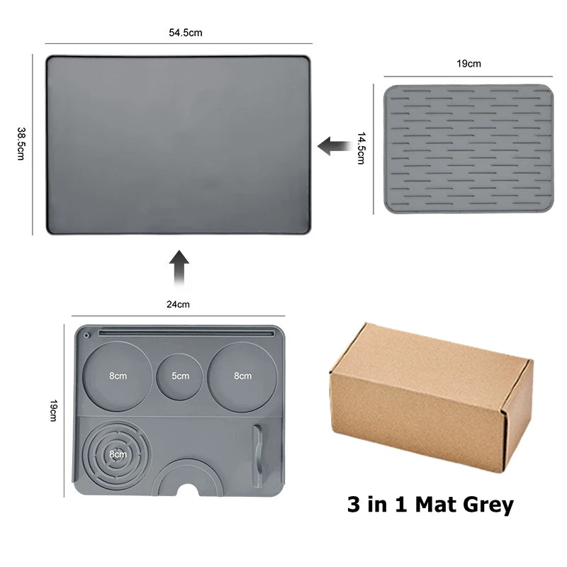 Silicone Coffee Maker Mat 3 in 1 for Most Home Espresso Machines Large Anti-Slip Silicone Mat Tray Bar Mat Black Grey Pad
