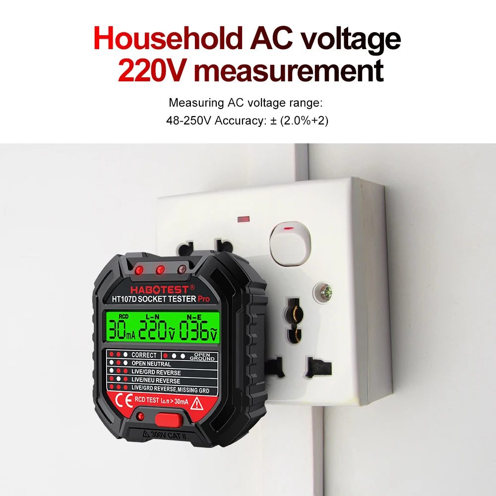 HT106 HT107 Socket Tester Pro Voltage Test Digital Outlet Socket Detect US/UK/EU Plug Ground Zero Line Plug Polarity Phase Check