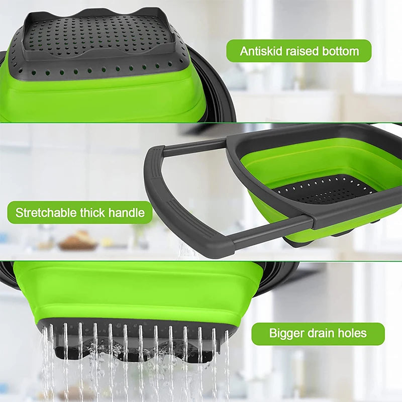 LMETJMA Collapsible Over-the-Sink Colander Strainer with Extendable Handles, Red/Green