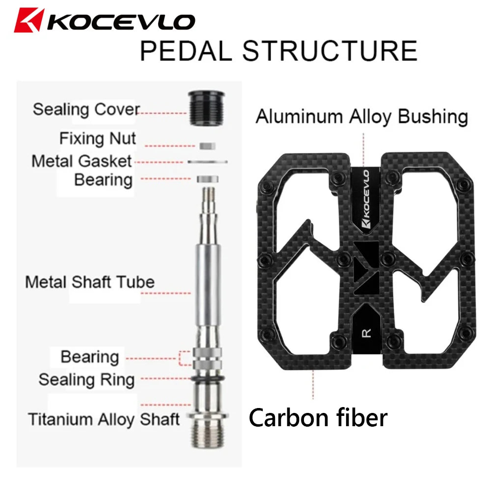 KOCEVLO Carbon Fiber Pedal Ultralight 195g MTB Titanium Shaft 3 Bearings Road Bike Pedal Anti Slip Racing Pedal