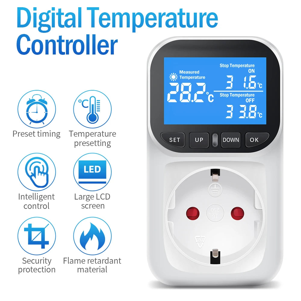 Digital Temperature Controller Socket Outlet EU Plug Thermostat With Timer Sensor Probe Heating Cooling Switch 16A Backlight