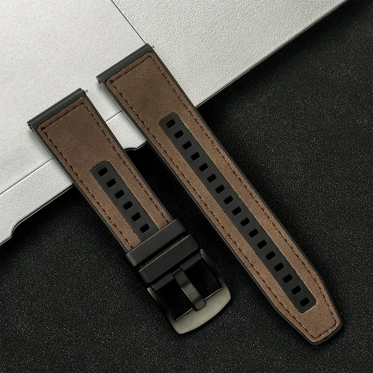 22mm Leather Silicone Watch Band Replacement Strap, Black/White, for Galaxy Watch 3 45mm
