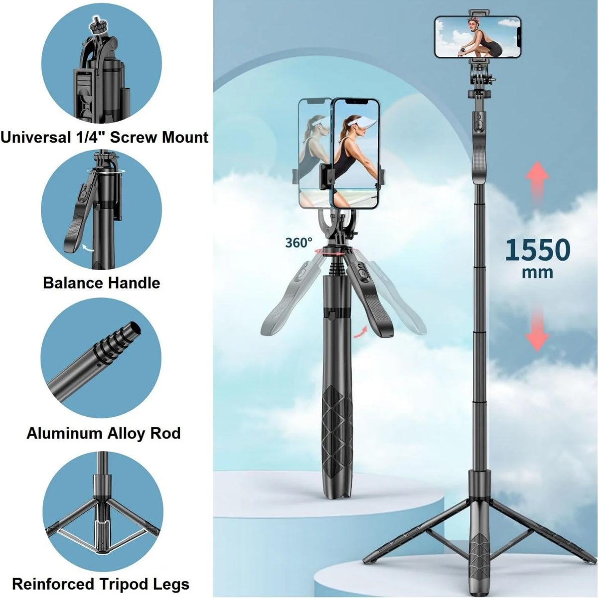 1.55m Extendable Selfie Stick Tripod with Bluetooth Remote, 360° Phone Mount, With/No Light