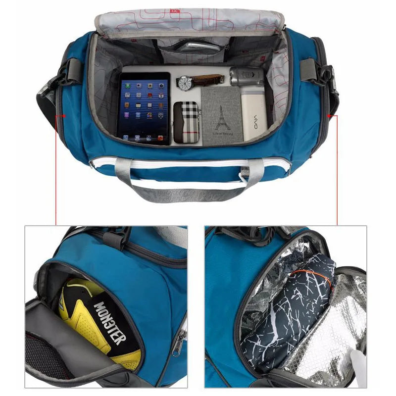 IX 40L Waterproof Nylon Gym Duffle Bag with Wet Dry Compartment, Blue, 33x45x27cm
