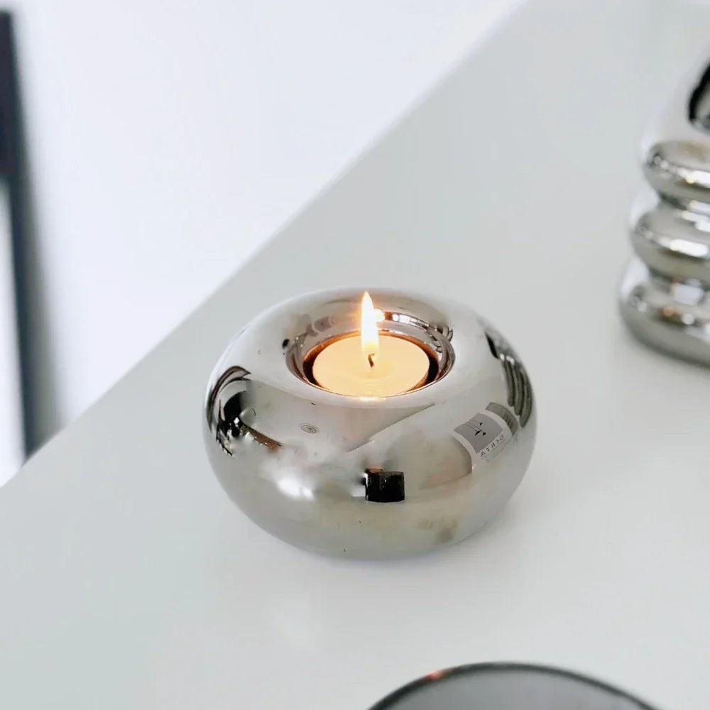 Ceramic candle holder, circular silver desktop candlestick, modern decor, sizes S/L