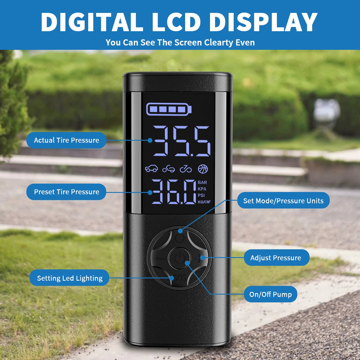 2025 New Multifunctional Cordless Air Pump Portable Air Compressor&Inflator,7-in-1 LED Display,Flashlight Inflatable Pump