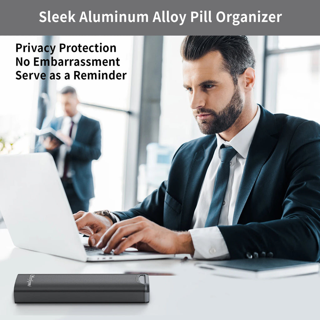Serfeymi Metal Weekly Pill Organizer - 7-Day Travel Pill Case w/ Spare Gasket | Dosette Box, Tablet & Medicine Holder