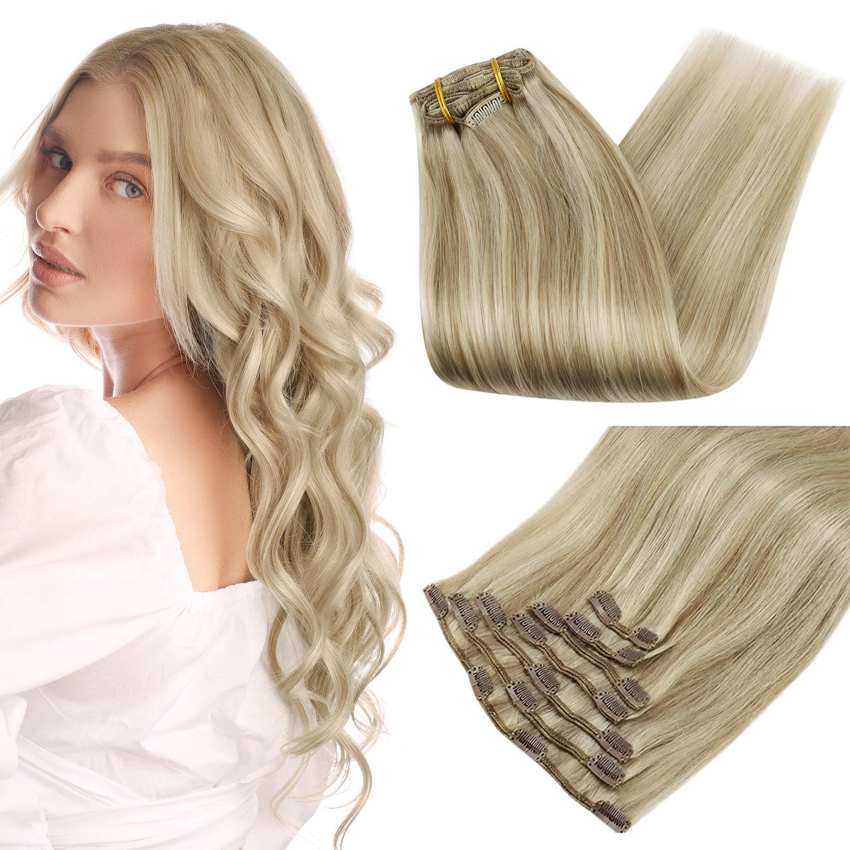 Full Shine Clip-In Human Hair Extensions Remy Double Weft 7pcs 105g Jet Black 12-24in