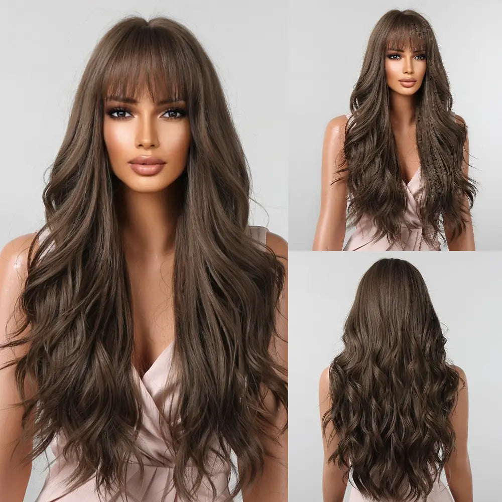 Long wavy synthetic wig with bangs, brown heat resistant, includes wig cap, 1pc