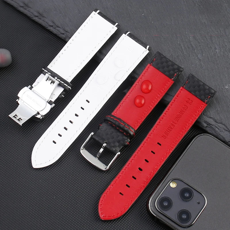 Carbon Fiber Pattern Leather Watch Strap 18mm 20mm 21mm 22mm 23mm 24mm Black Red Orange Stitching Watchband Bracelet Wristband