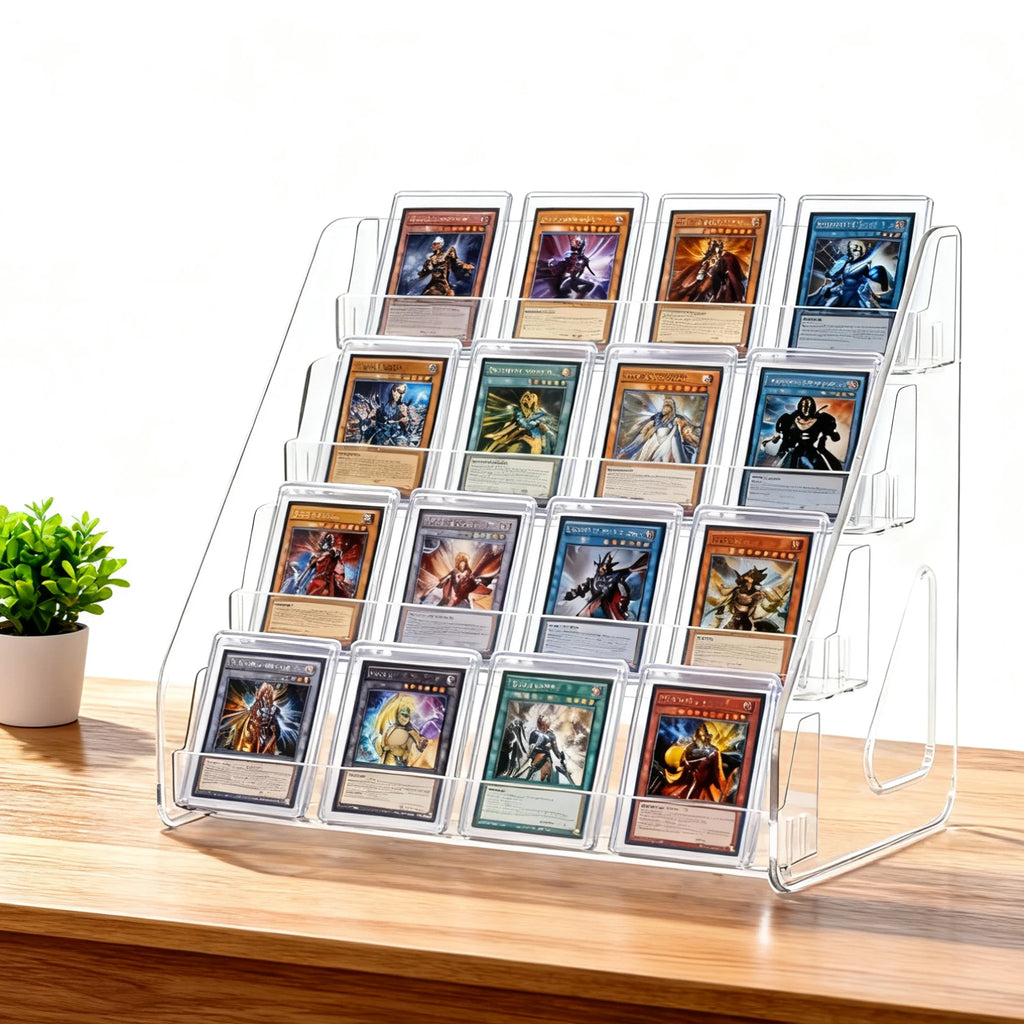 4 Tier Acrylic Trading Card Display Stand, Holds 16 Graded Cards Clear Shelf for PSA BGS SGC Slabs, Toploaders, TCG Sports Cards