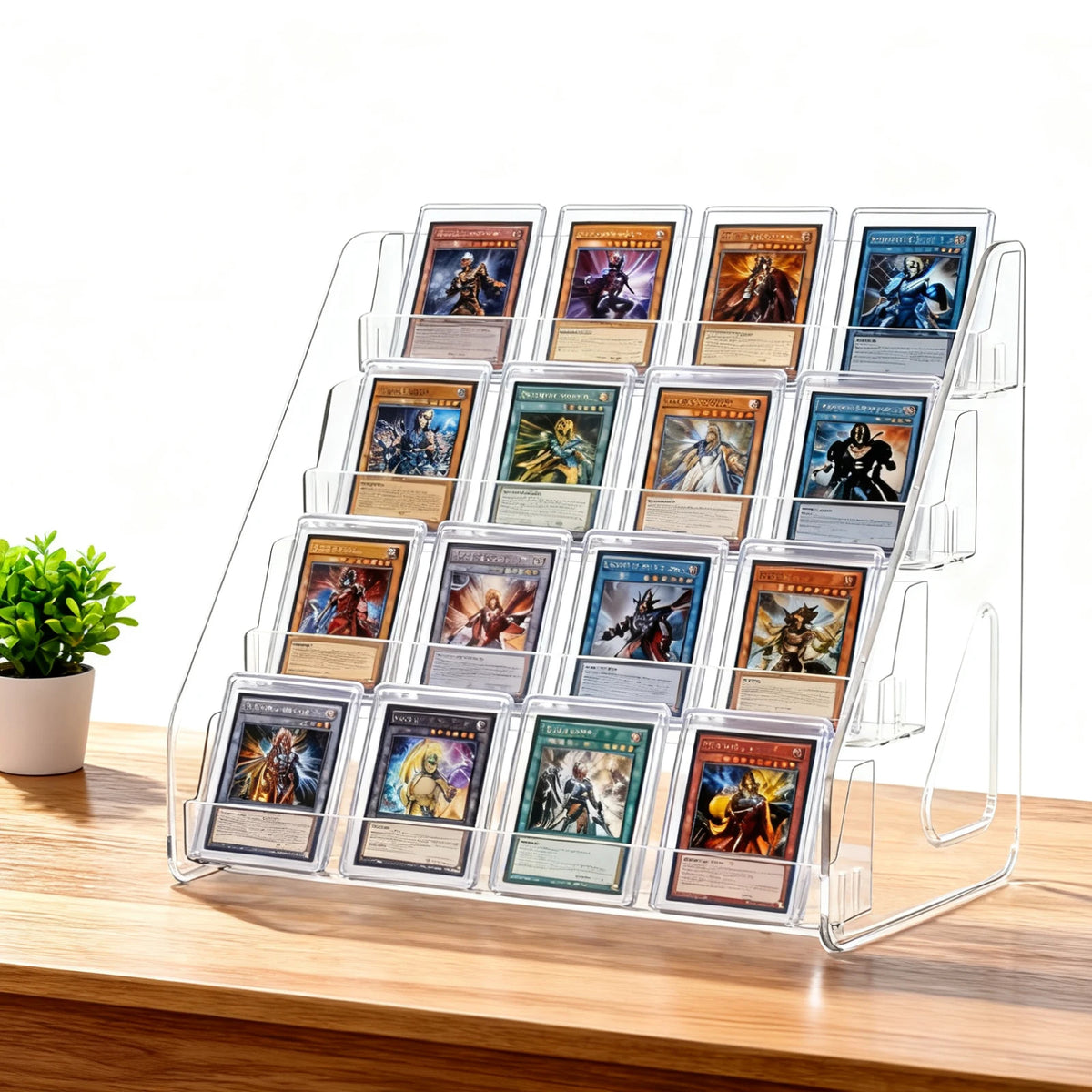 4 Tier Acrylic Trading Card Display Stand, Holds 16 Graded Cards Clear Shelf for PSA BGS SGC Slabs, Toploaders, TCG Sports Cards