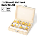 12pcs Router Bits Set Carbide Straight Trim Milling Cutters, 6mm/8mm/6.35mm/12.7mm Shank