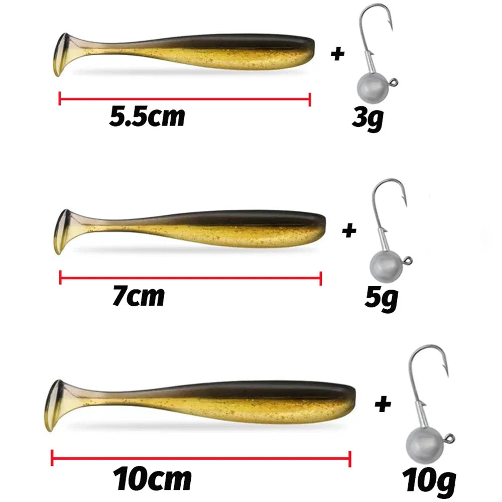 14PCS Gear Kit 10PCS Soft Lure 5.5cm 7cm 10cm T Tail Worm 4PCS Jigging Head Hook 3g 5g 10g Metal Jig Fishing Pesca Swimbait Bait