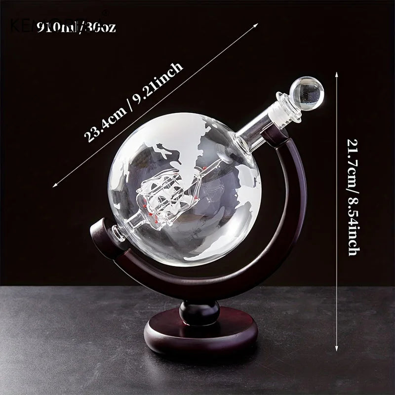 900ML Creative Globe Decanter Set with Lead-free Carafe Exquisite Wood-stand and 2 Glasses Whiskey Decanter Globe Grade Gift