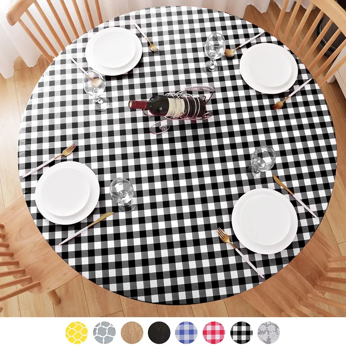 Fitted Round Plastic Vinyl Table Cloth Flannel Backing Elastic Edge Waterproof Table Protector for Dining Room Table Cover