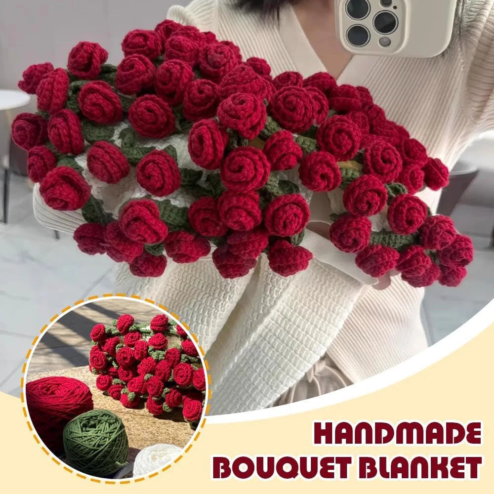 1pcs Rose Blanket Bouquet With Gift Bag Crochet Handmade Blanket of Roses Birthday Valentine's Day Gift for Girlfriend