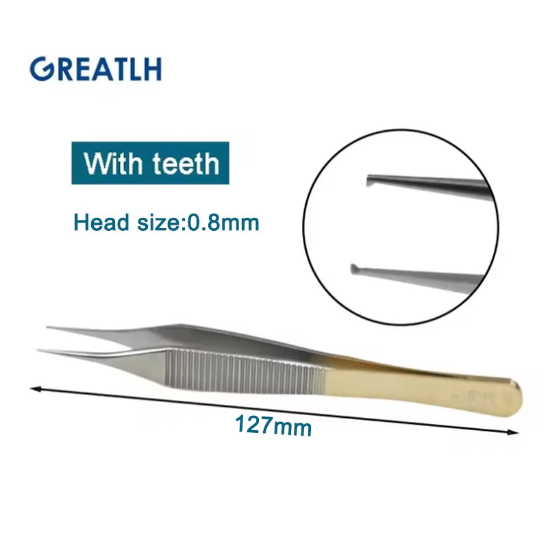 Autoclavable Stainless Steel Tissue Forceps with Golden Handle Teethed Forceps Ophthalmic Instrument 1pcs