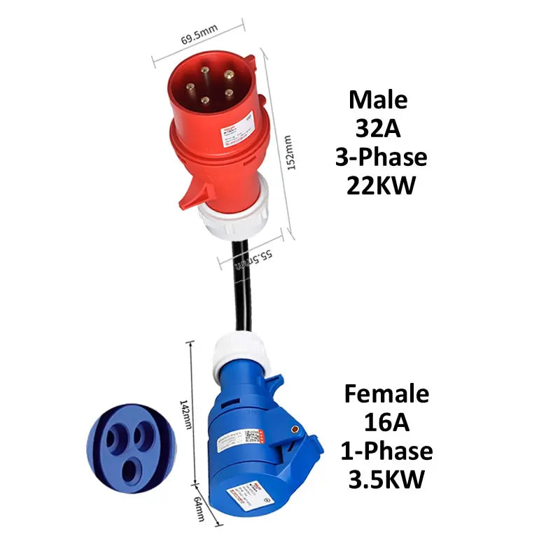 Electric vehicle charging adapter CEE Plug 16A/32A Red to Socket Blue 1-phase 32A 7KW 16A 3.5KW Red 3-Phase 16A 11KW 32A 22KW