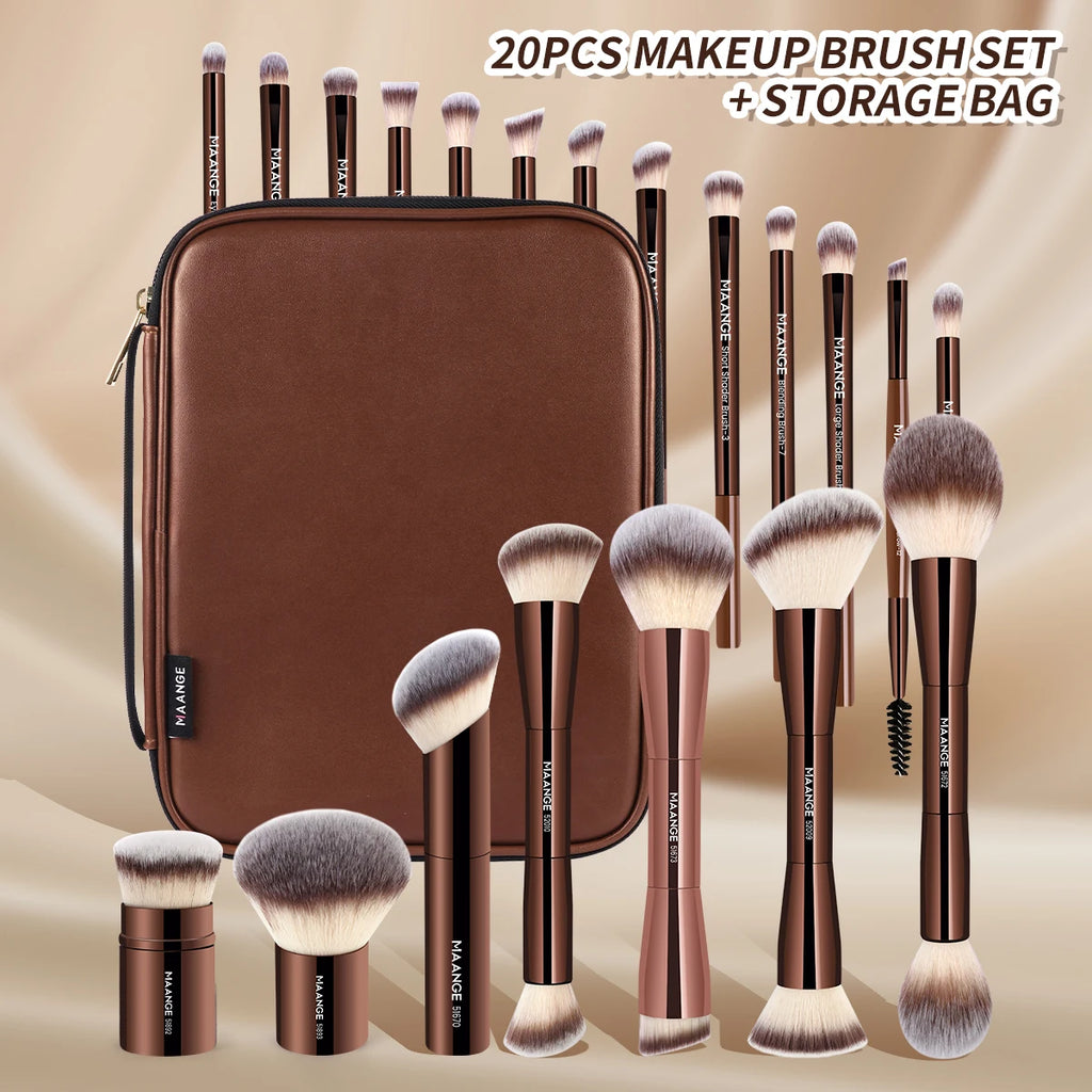 MAANGE Pro Makeup Brush Kit 20pcs Brushes with Storage Bag Dual End Foundation Powder Blush Eyeshadow Brush Beauty Blending Kit