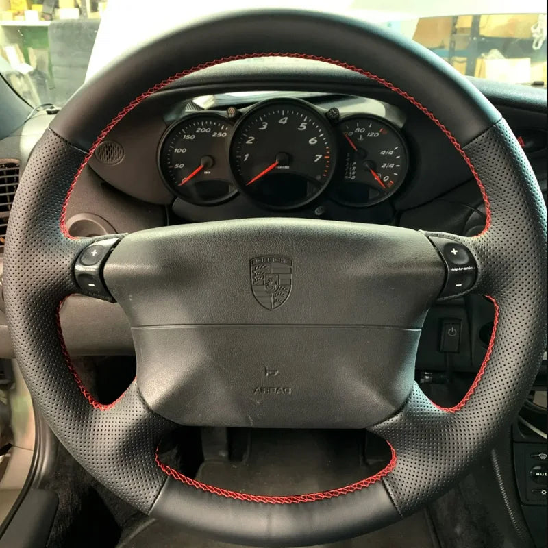 Hand Stitched Genuine Leather Non-slip Breathable Car Steering Wheel Cover for Porsche 986 1998-2004 DIY Car Interior