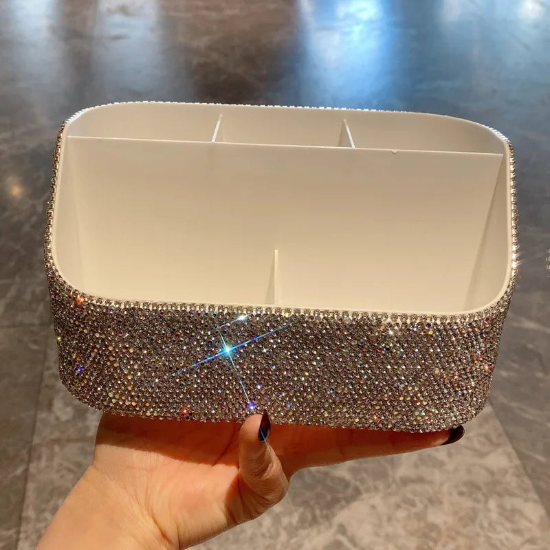 Diamond-encrusted multi-compartment storage box, high appearance level, desktop cosmetics organizing box, large capacity