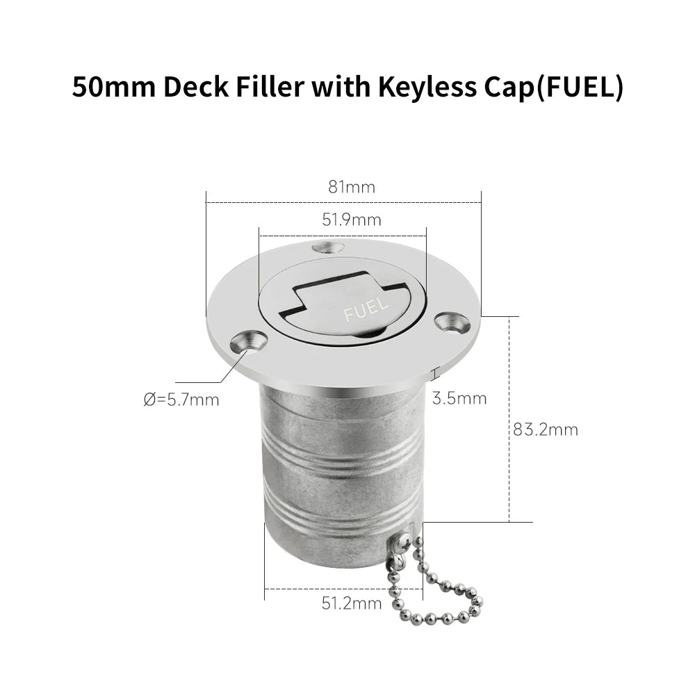 38/50mm 316 Stainless Steel Boat Deck Filler with Keyless Cap GAS DIESEL FUEL WASTE WATER Mirror Polish Marine Deck Filler Cap