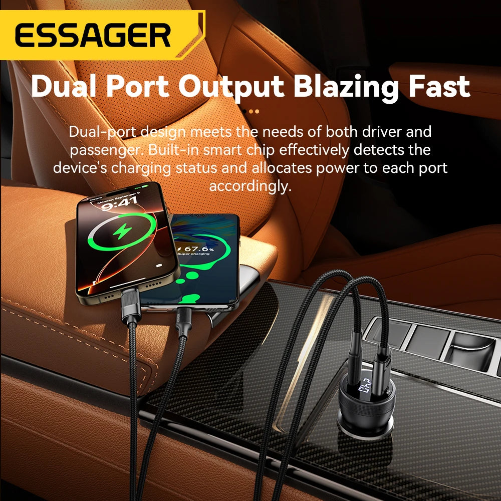 Essager 100W USB C Car Charger PD3.0 Fast Charging Digital Dispaly Quick Charge for iPhone 15pro Samsung Xiaomi  MacBook Laptop