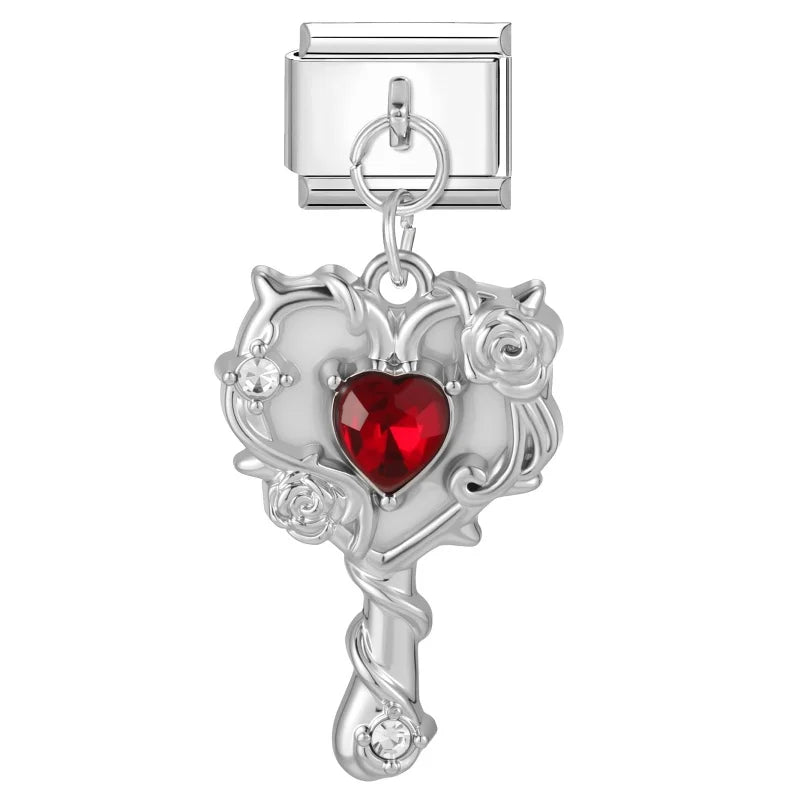 Wholesale Colorful Shiny Zircon Heart Bows Pendant Italian Charm Links Fit 9mm Stainless Steel Bracelet Women Jewelry DIY Making