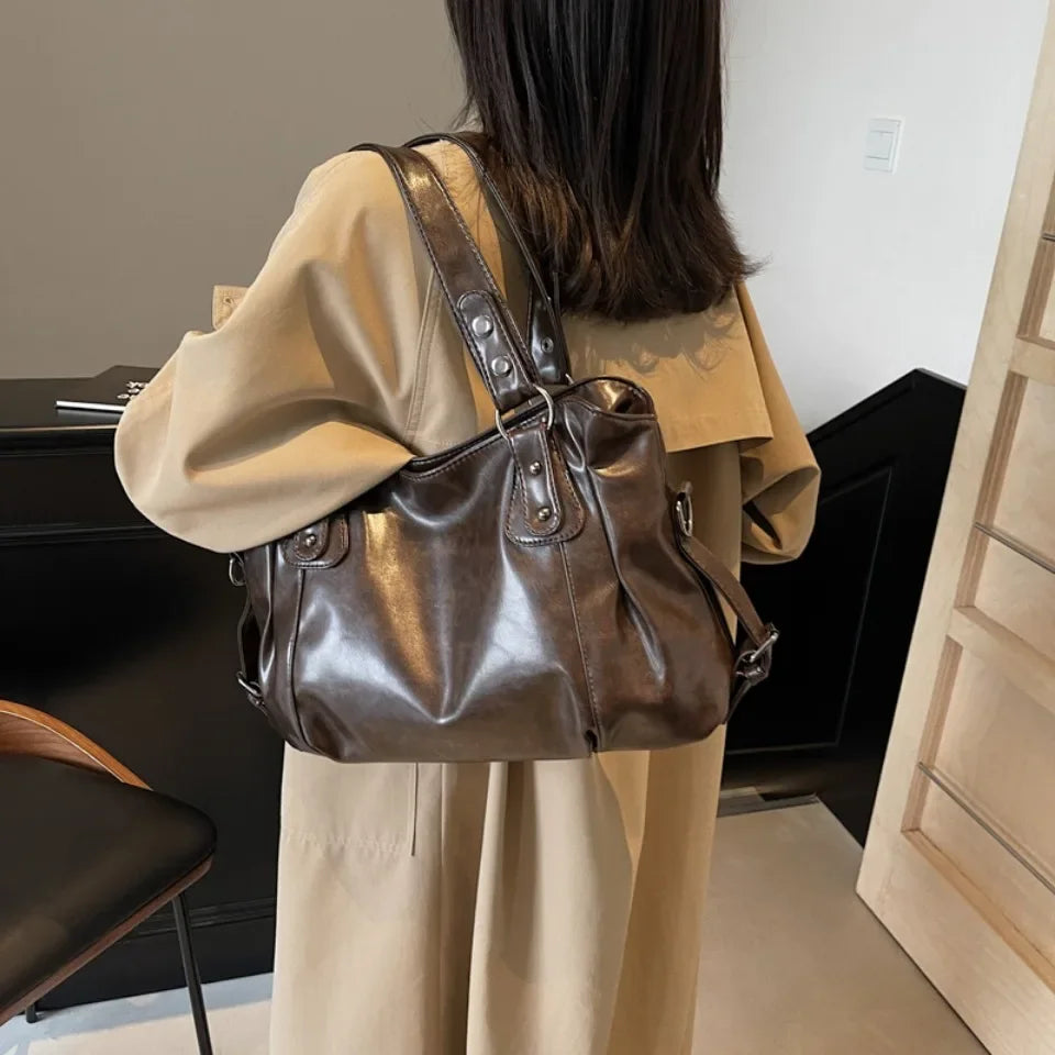 Retro Brand Roomy Shoulder Bag Female Luxury Solid Color Classic Crossbody Bag Large Capacity Style Soft PU Leather Tote Bag
