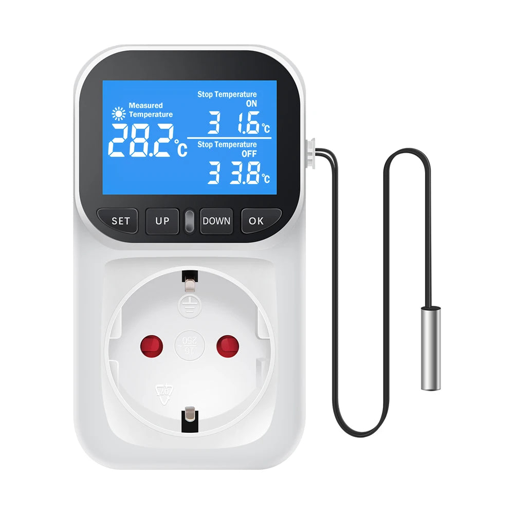 Digital Temperature Controller Socket Outlet EU Plug Thermostat With Timer Sensor Probe Heating Cooling Switch 16A Backlight