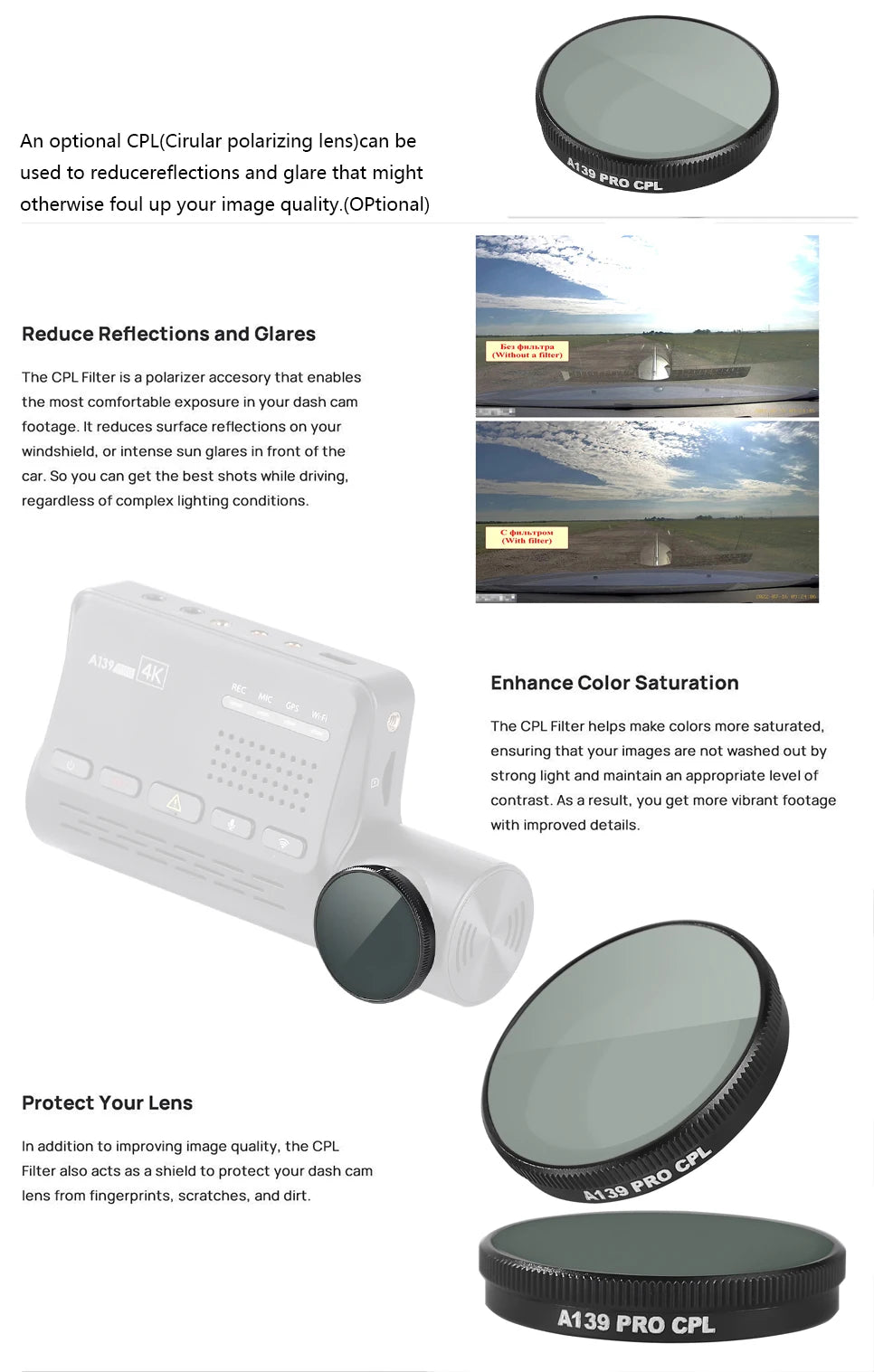 for VIOFO CPL Filter Anti-Glare Circular Polarizing Lens for A329 series/A229 series/A139Pro/T130/WM1 Dash Cam