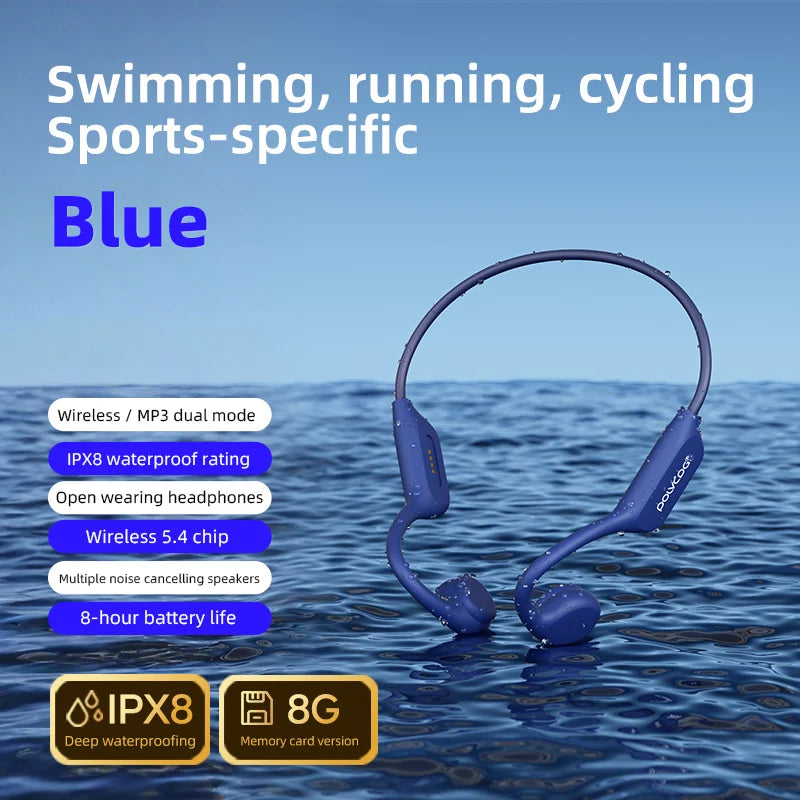 POLVCDG X7 Bone Conduction Bluetooth Swimming Headphones IPX8 Waterproof, 8GB, Blue/White/Black Red