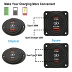 Dual USB Quick Charger QC 3.0 PD 60W Type C Socket Blue Led Rocker Switch DC 12V-24V Adapter for Car Motor Marine Boat Truck