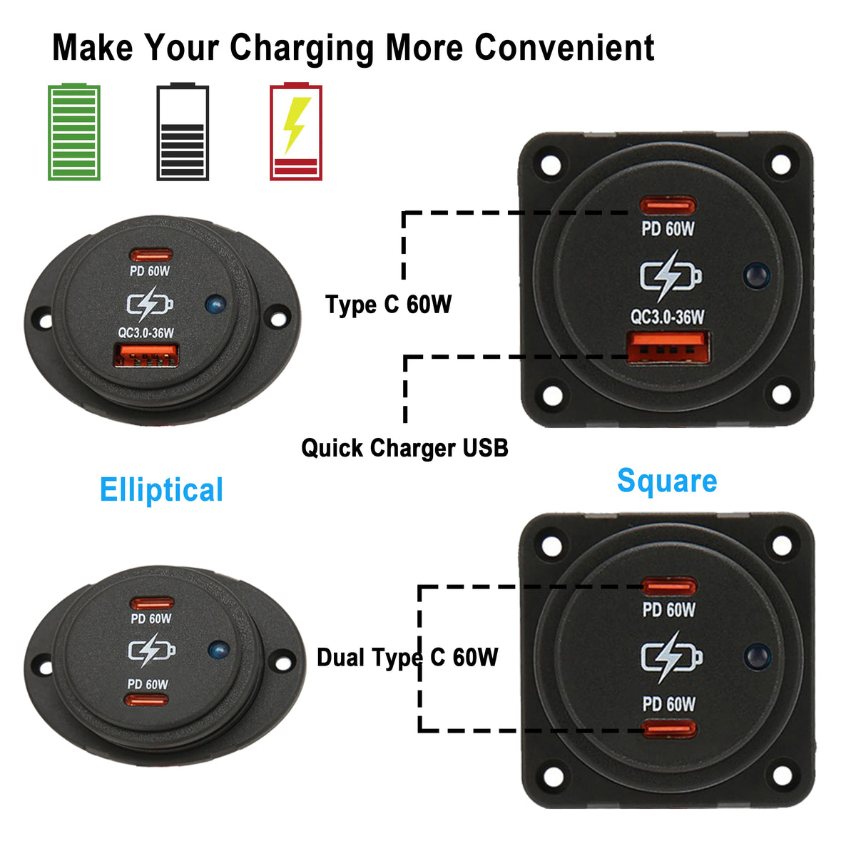 Dual USB Quick Charger QC 3.0 PD 60W Type C Socket Blue Led Rocker Switch DC 12V-24V Adapter for Car Motor Marine Boat Truck