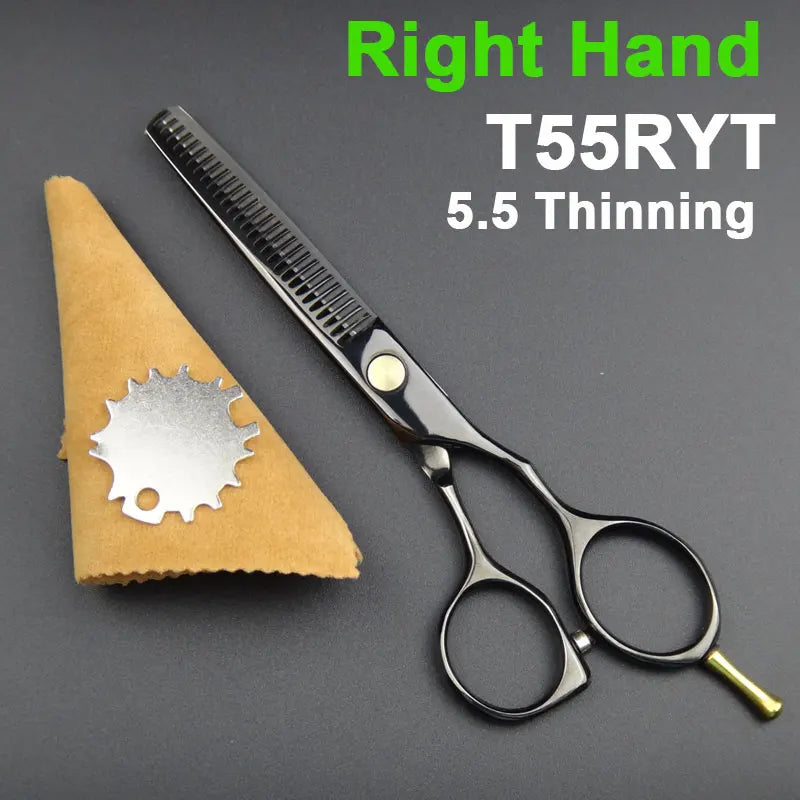 Japan 440C Titanium Qlating Barber Professional Scissors for Hairdresser 5.5 / 6.0 Cutting Thinning Black Hair Scissor Shears
