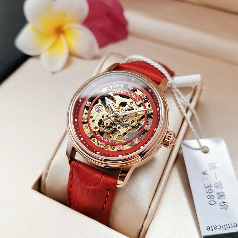 Augulas Genuine Hollow-Out Diamond-Encrusted Fully Automatic Mechanical Watch for Women, Fashionable and Simple, Luminous Waterproof Watch for Female Students, Trendy, the Best Gift for Her, No Battery Needed