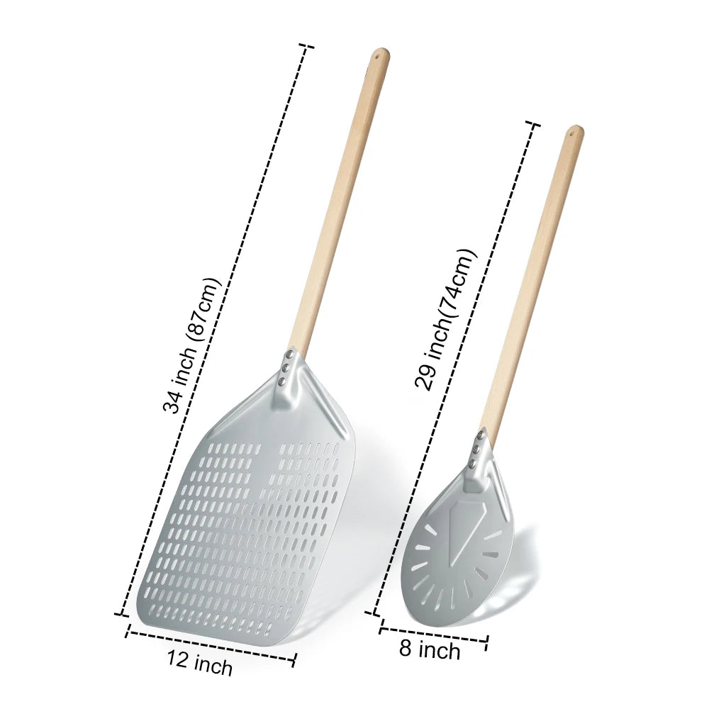 SHANGPEIXUAN Perforated Pizza Peel with Turning Pizza Peel Wood Handle Pizza Shovel Anodized Short Spatulas Baking Tools