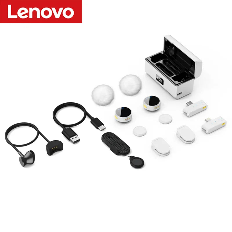 Lenovo Magnetic Wireless Lavalier Microphone 100M Noise Reductionfor with Charging Box Professional Microphone for Recording
