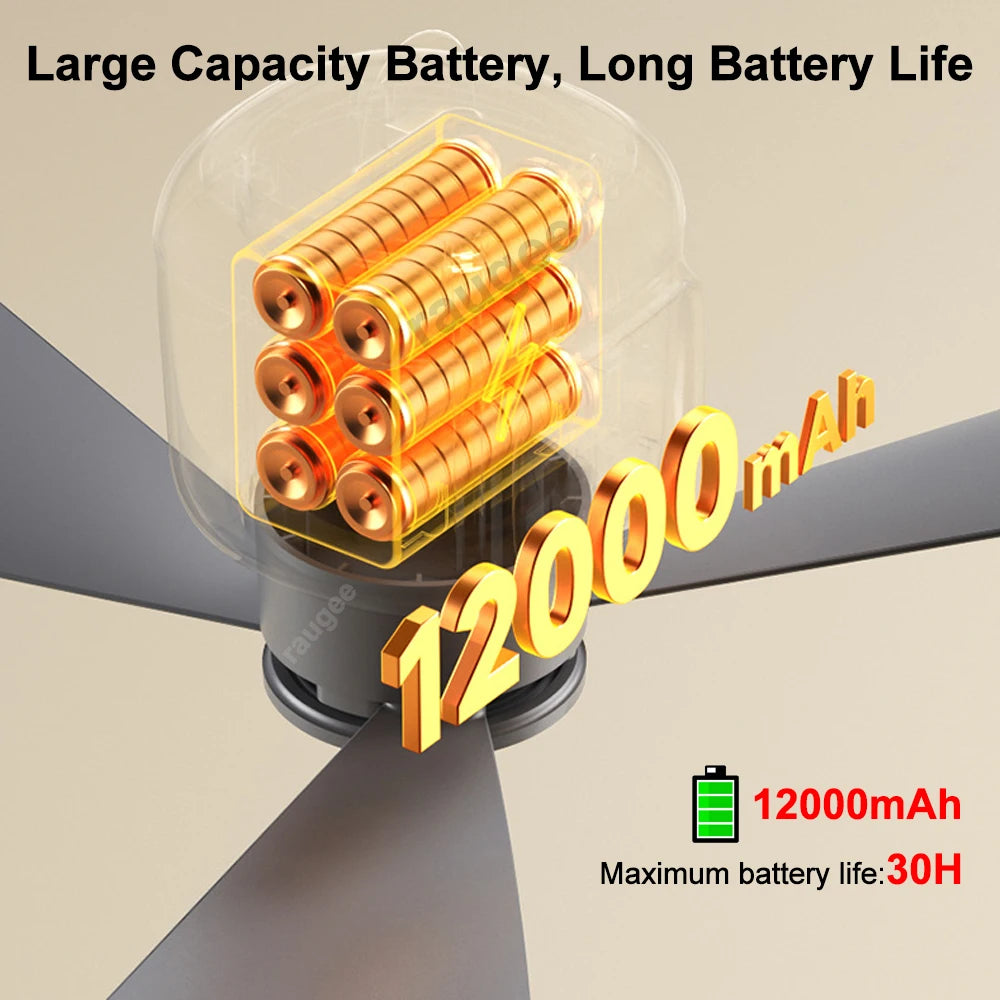 12000mAh Portable Ceiling Fans Outdoor Camping Fan Tent Air Circulator Cooler Rechargeable Electric Fan Remote Control LED Light