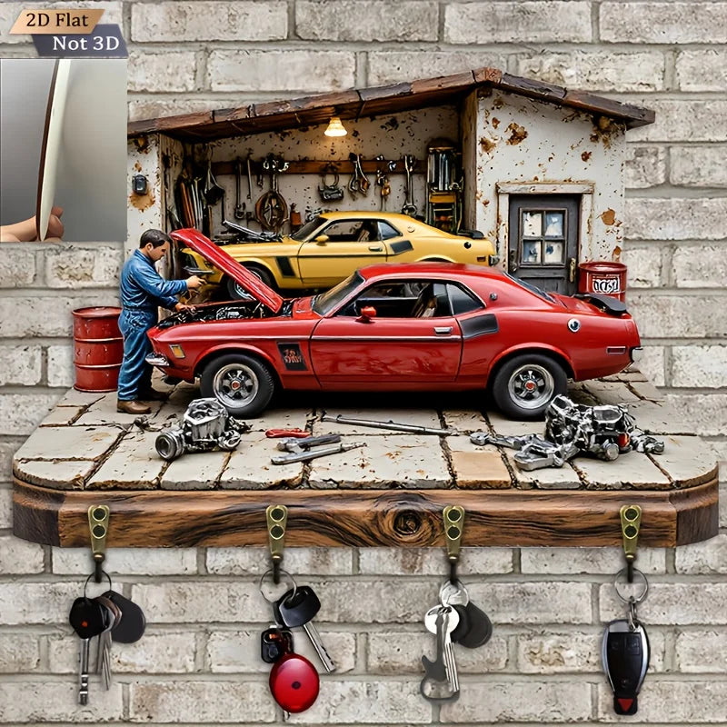 Automobile Repair Theme 2D Wooden Key Rack Multi-functional Metal Hook Wall Decora Organizer for Home Room Moving Creative Gift