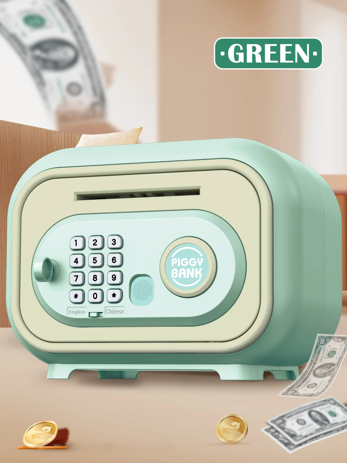 Kids ATM Piggy Bank Money Box with Fingerprint & Password Lock, Large Capacity, Pink/Green