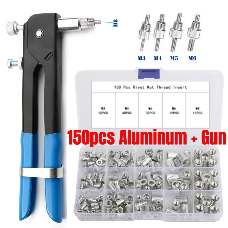 150PCS Aluminum/Steel Threaded Rivets M3/M4/M5/M6/M8 Rivet Gun Riveting Threaded Inserts Flat Head Screw Riveter Tool Set