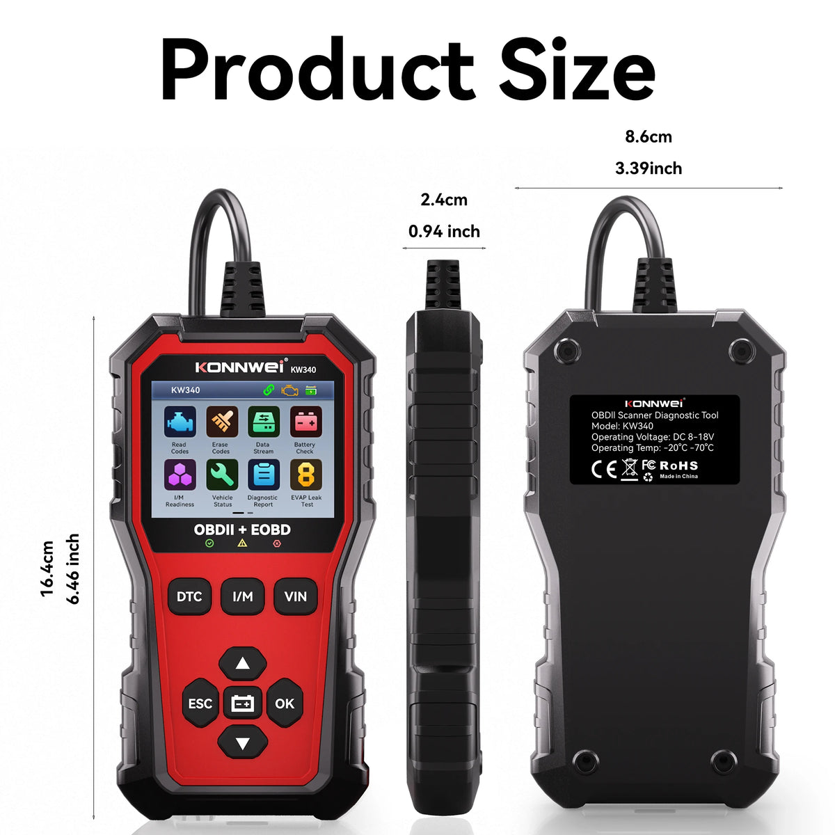 KONNWEI KW340 OBD2 Car Diagnostic Scanner with Battery Test, Read/Clear Codes, Live Data