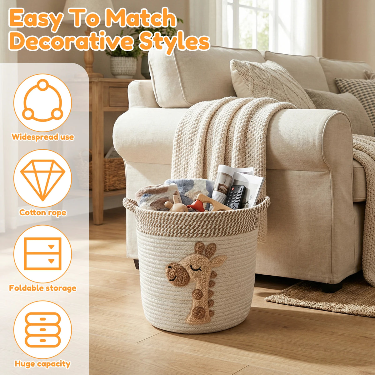 Cotton Rope Storage Basket Large Capacity Toy Organizer with Embroidery Decor Clothes Hamper Woven Sundries Organizer for Home