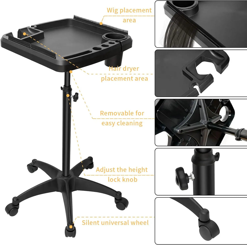 Professional Barber Rolling Trolley Cart Height Adjustable Beauty  for Hair Stylist Removable Hair Extension Tool Tray Tools