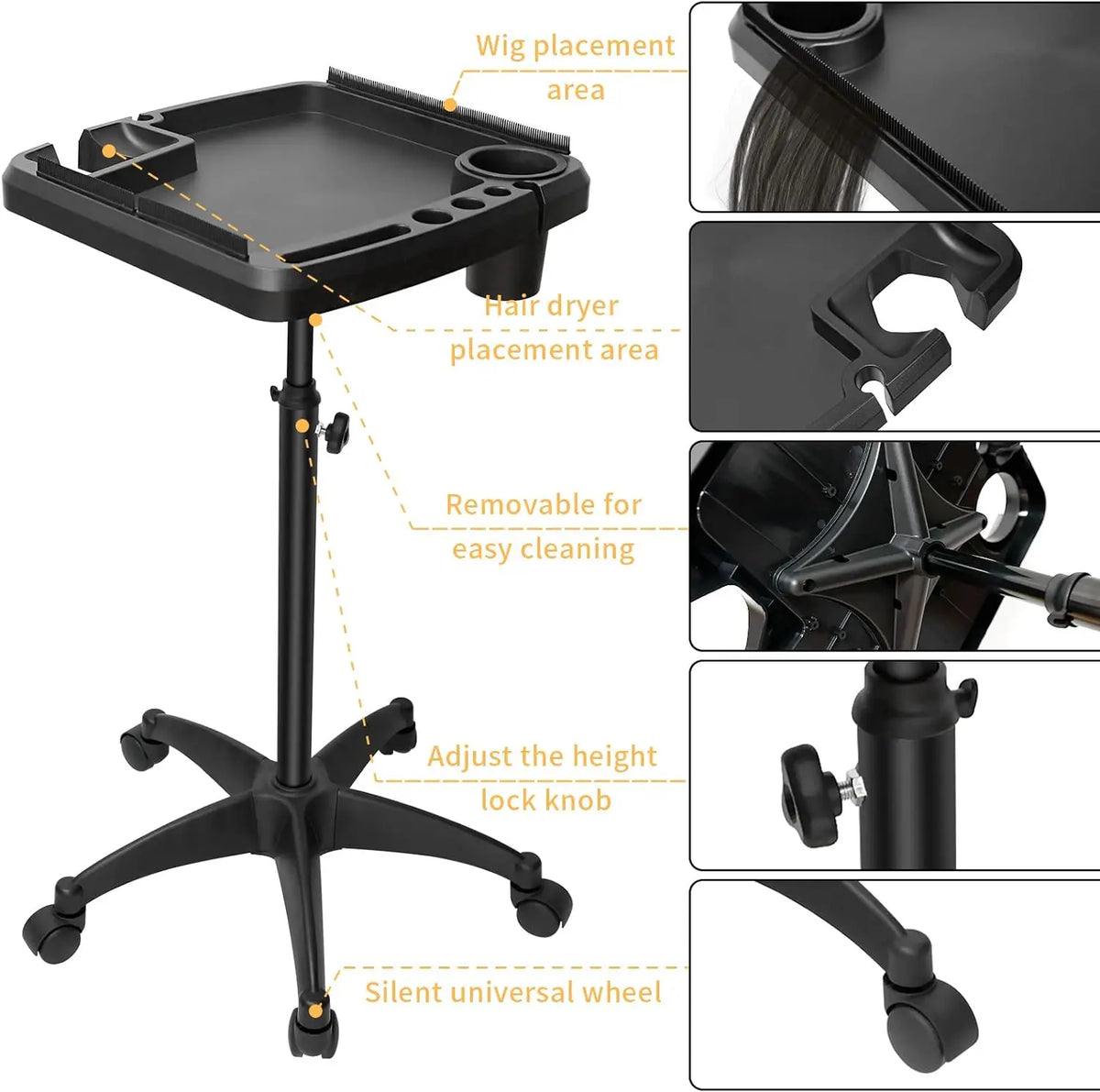Professional Barber Rolling Trolley Cart Height Adjustable Beauty  for Hair Stylist Removable Hair Extension Tool Tray Tools