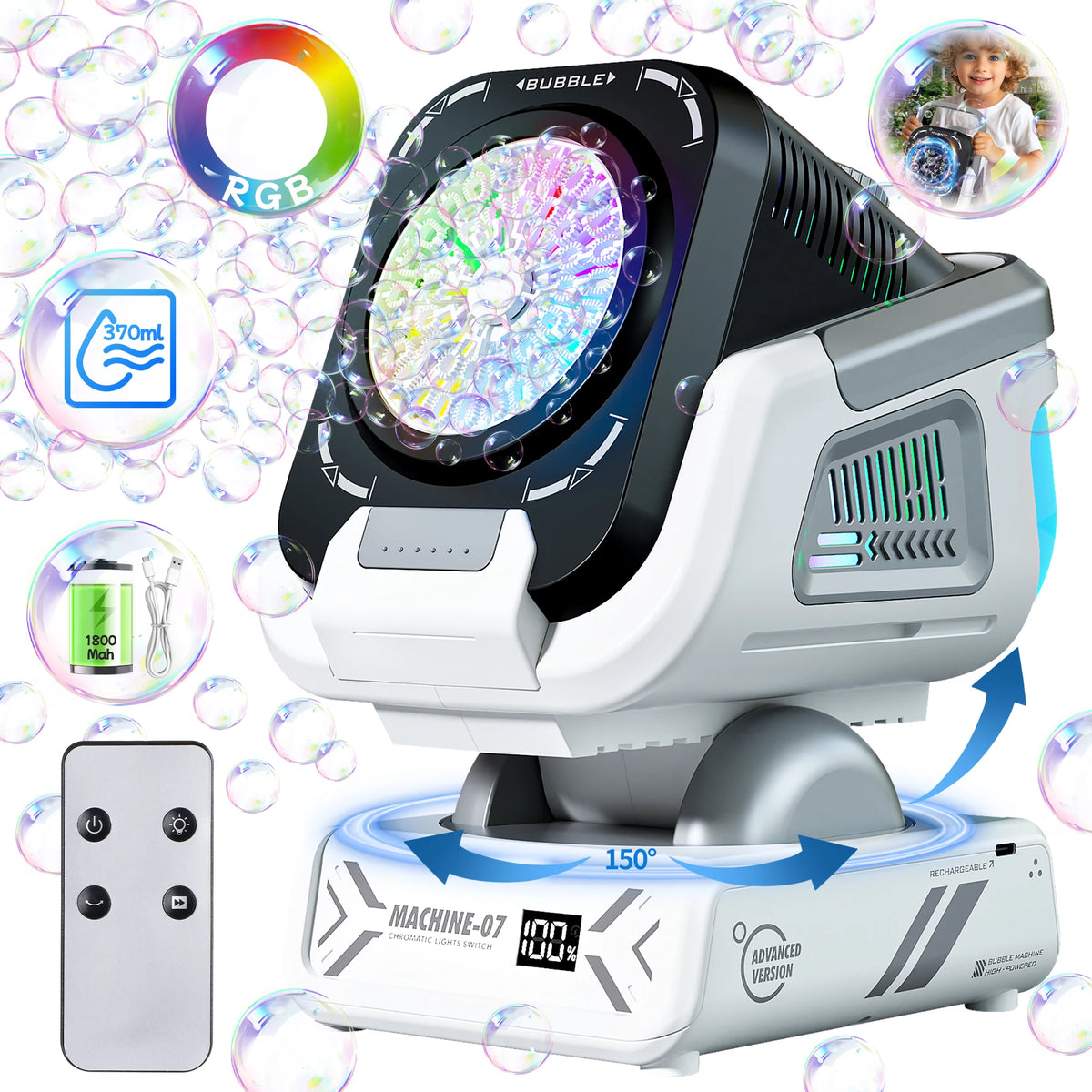 2025 Upgraded Version of the Bubble Machine with Remote Control, Automatic Rotation, and Rgb Lights, 1800Mah Rechargeable Battery, Type-C Charging, Suitable for Children, Weddings, Birthday Parties, and Outdoor Activities, Bubble Machine Does Not Include