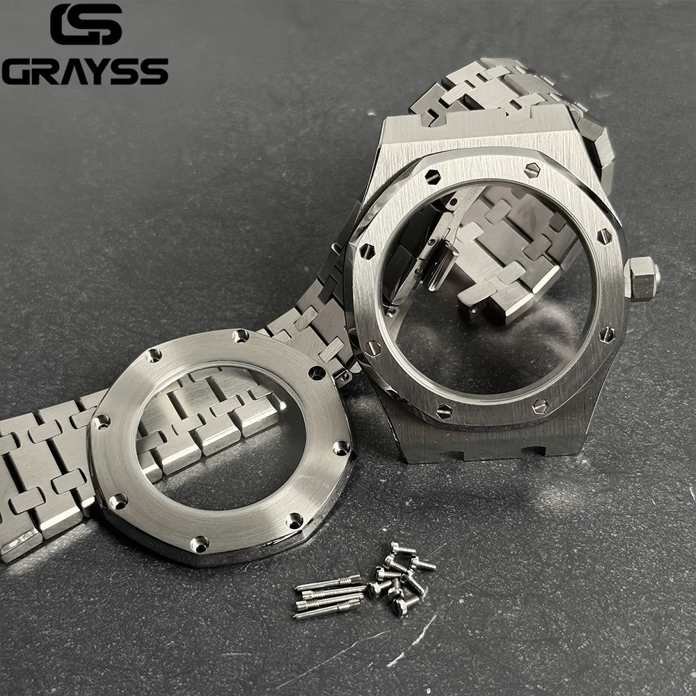 For Octagonal Stainless Steel 42mm Automatic Watch Case MOD Bracelet Transparent Back Sapphire Fit NH34 NH35 NH36 NH38 NH70 NH72