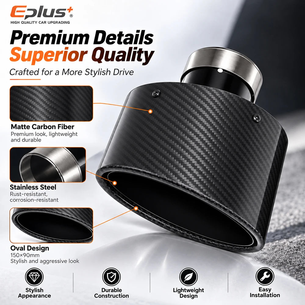 Universal Car Matte Carbon Fiber Muffler Tip Exhaust Pipe Nozzle Decoration Stainless Silver&Black Tilting Left Right Oval